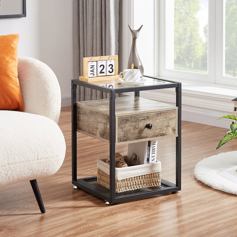 VECELO Modern Square Nightstands Set of 2 with Tempered Glass Top
