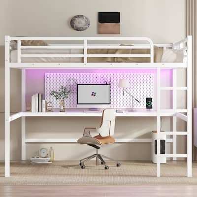 Metal Queen Size Loft Bed with Power Outlet and LED Lighted, Space-Saving, Noise Reduced, White