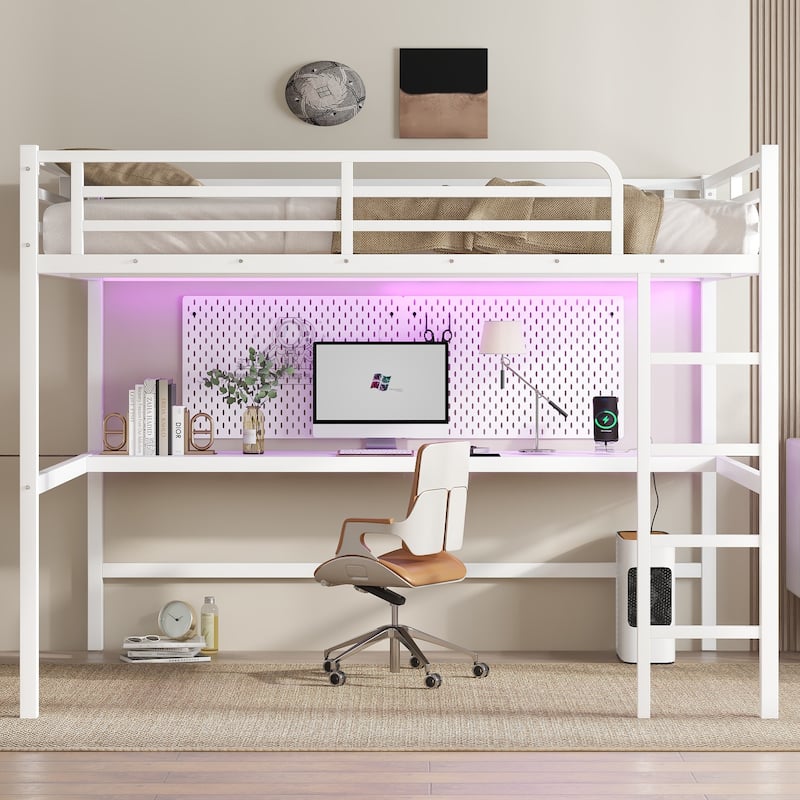 Queen Size Metal Loft Bed with Desk, USB Charging, LED Lights, and Power Outlet - Off White