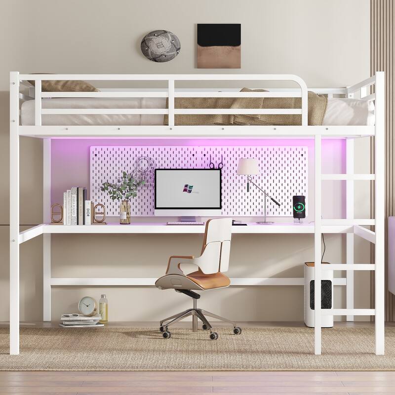 Roomfitters Metal Queen Size Loft Bed with Power Outlet & LED Lighting, Space-Saving Noise-Reduced Frame, White - Off White - Queen