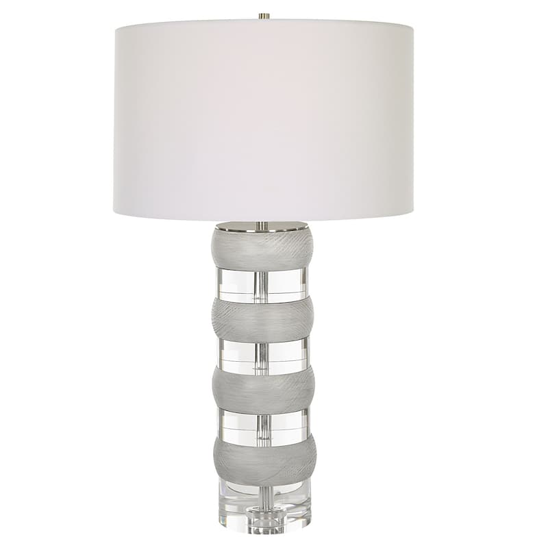 Stacked Thick Crystal Table Lamp with Drum Shade - 28" - White and Gray