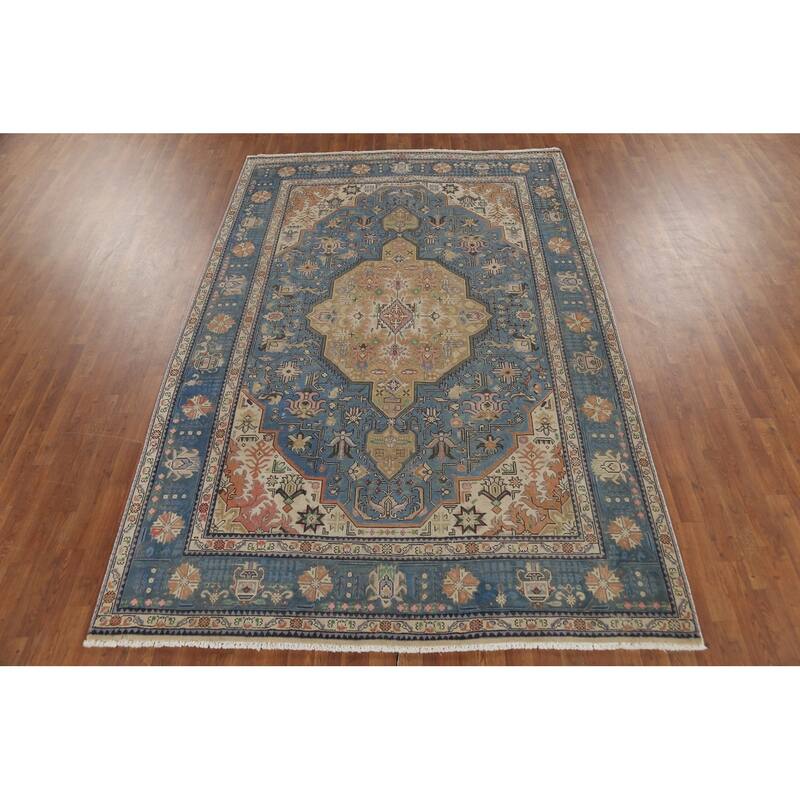 Geometric Blue Tabriz Persian Vintage Area Rug Handmade Wool Carpet - 6'6"x 9'8"