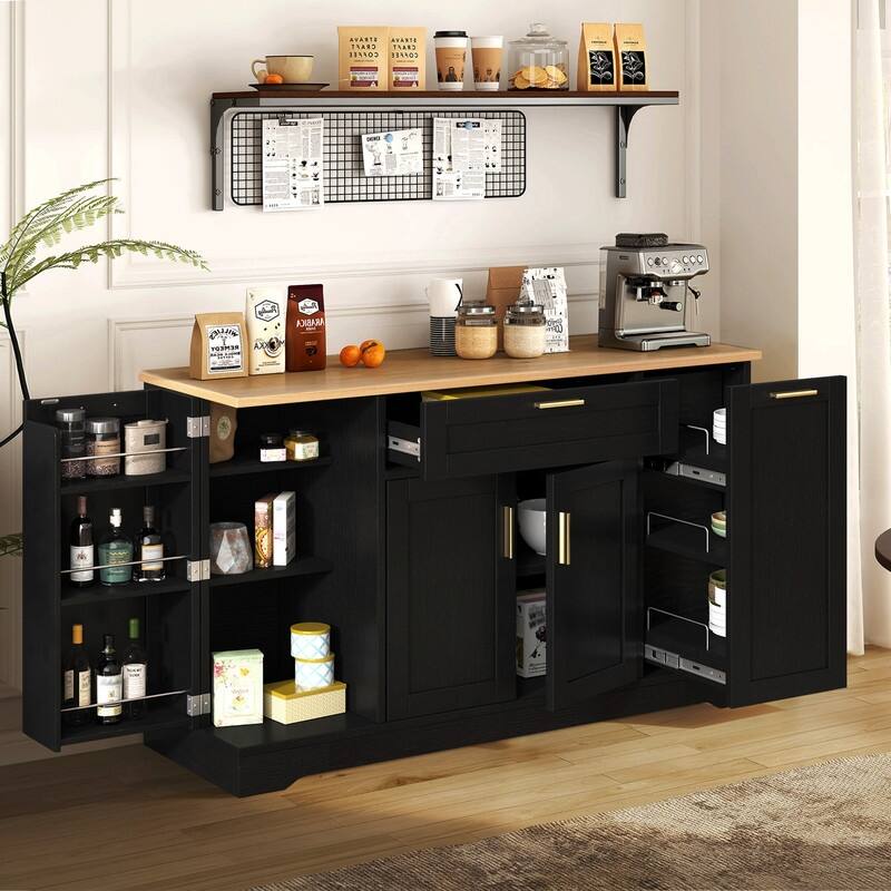 53.7" Kitchen Island Storage with 3-Tier Pull-Out Rack and Adjustable Shelves for Kitchen, Dining Room