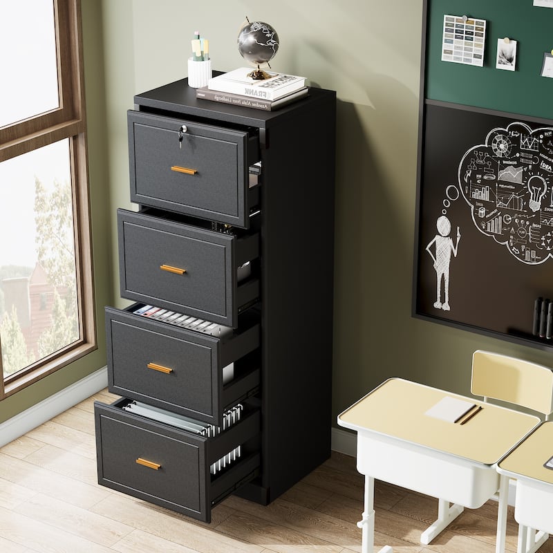 Vertical File Cabinet with 4 Drawers, Lockable Filling Cabinet with Key for Home Office - All Black