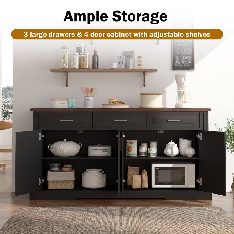 63" Fluted Farmhouse Credenza - Multi-Functional Storage Unit with Coffee Bar Top, 4 Cabinet Doors & 3 Organizational Drawers‌