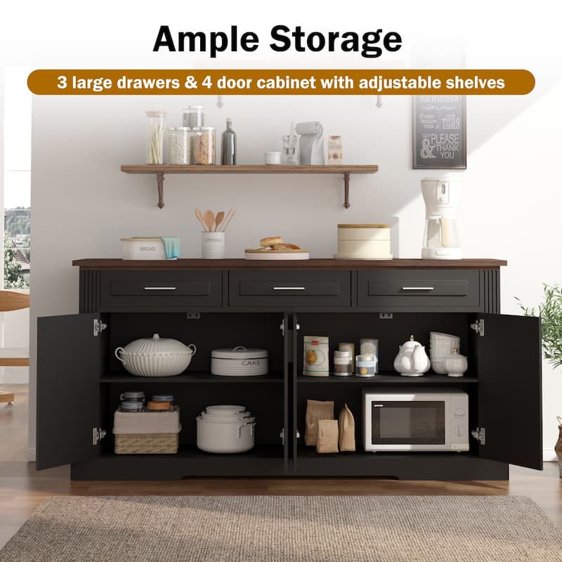 63" Fluted Sideboard Buffet Cabinet, Farmhouse Kitchen Storage Credenza with 4 Doors & 3 Drawers, Coffee Bar Console Table
