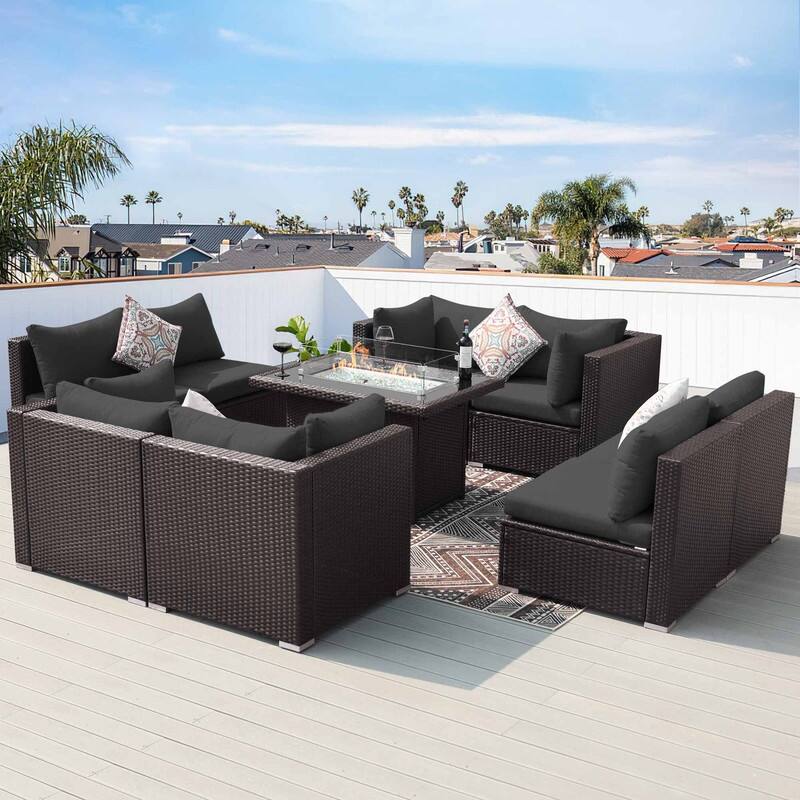 9-Piece Outdoor Brown Wicker Sectional Patio Conversation Set with 43″ Fire Pit Table, Cushion - Dark Gary