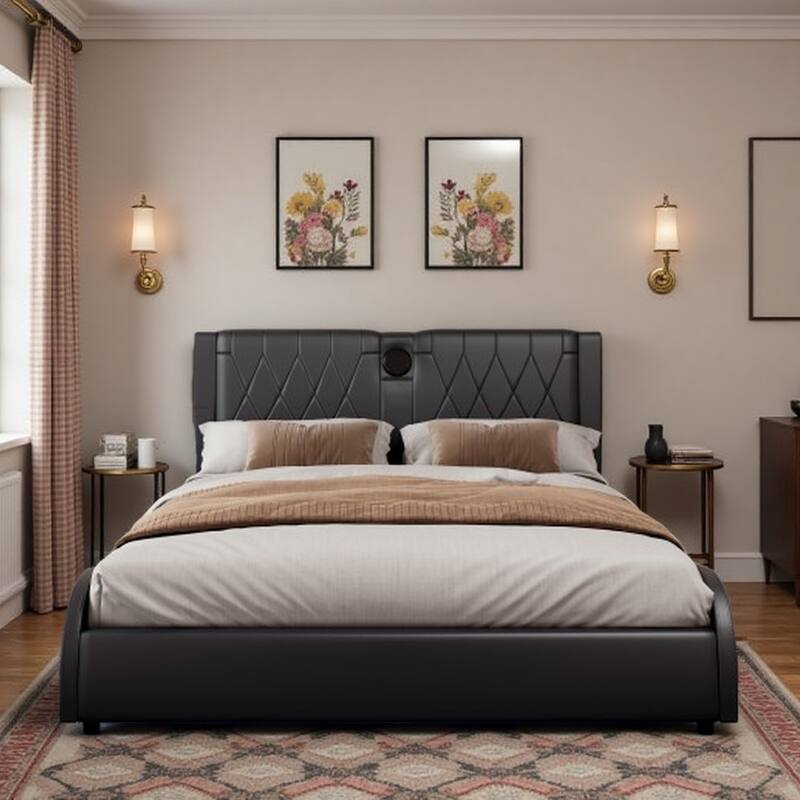 King Size Faux Leather Upholstered Platform Bed with RGB LED Lights, Bluetooth Speakers, Thickened Headboard