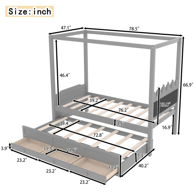 Roomfitters Canopy Bed with Trundle and Drawers, Upholstered Crown Headboard, Solid Wood Frame