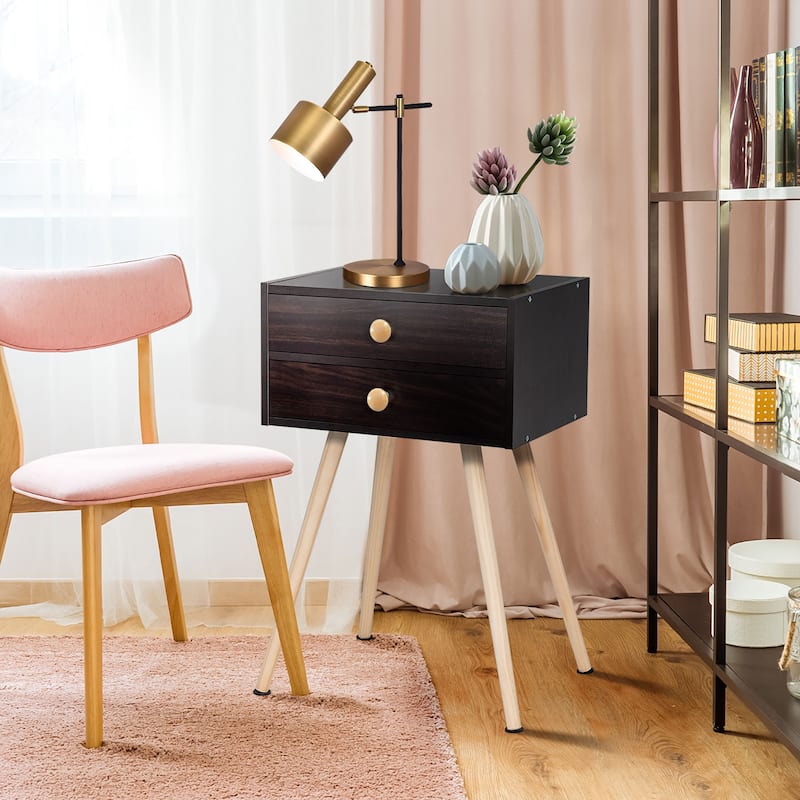 Costway Mid Century Modern 2 Drawers Nightstand Sofa Side Table End - See Details
