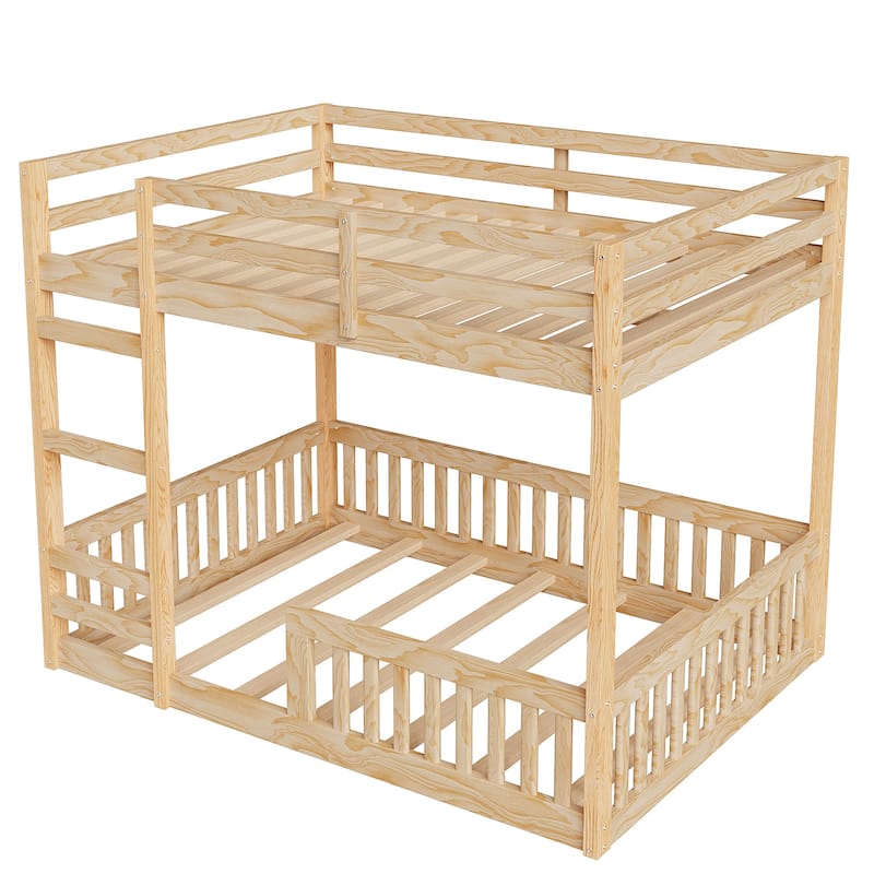 Full Over Full Size Wooden Bunk Bed with Ladder and Guardrails, Full Size Bed Frame with Fence for Boys Girls Children's Room