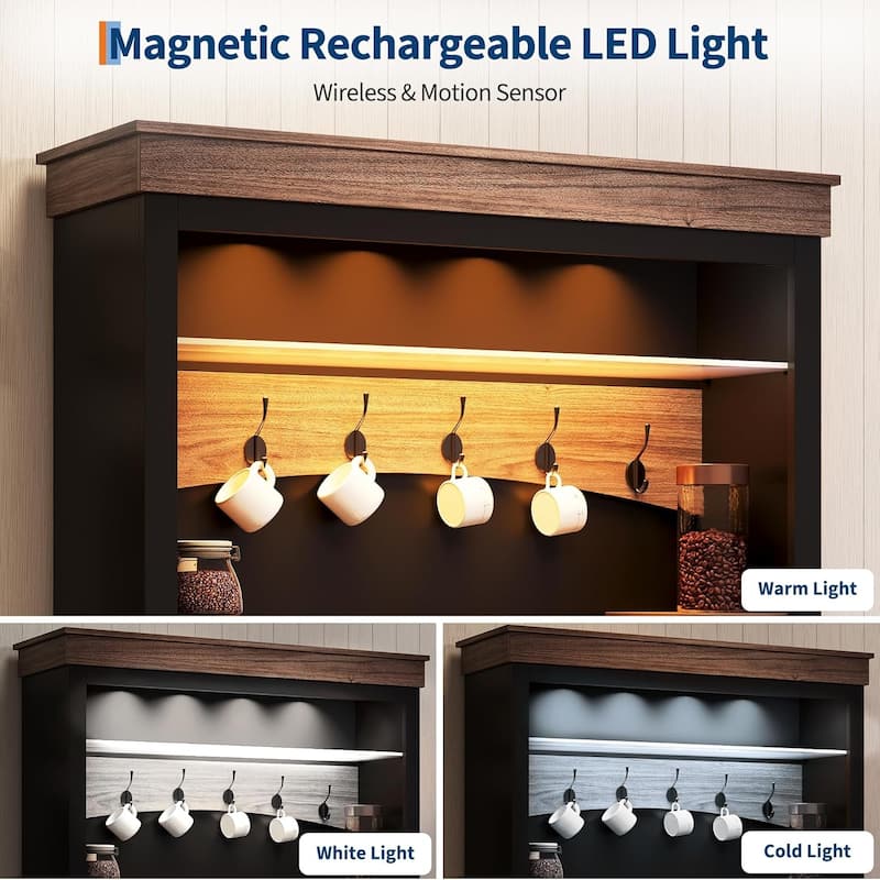 Coffee Bar Cabinet with LED Light, 72" Tall Farmhouse Coffee Bar Hutch with Storage