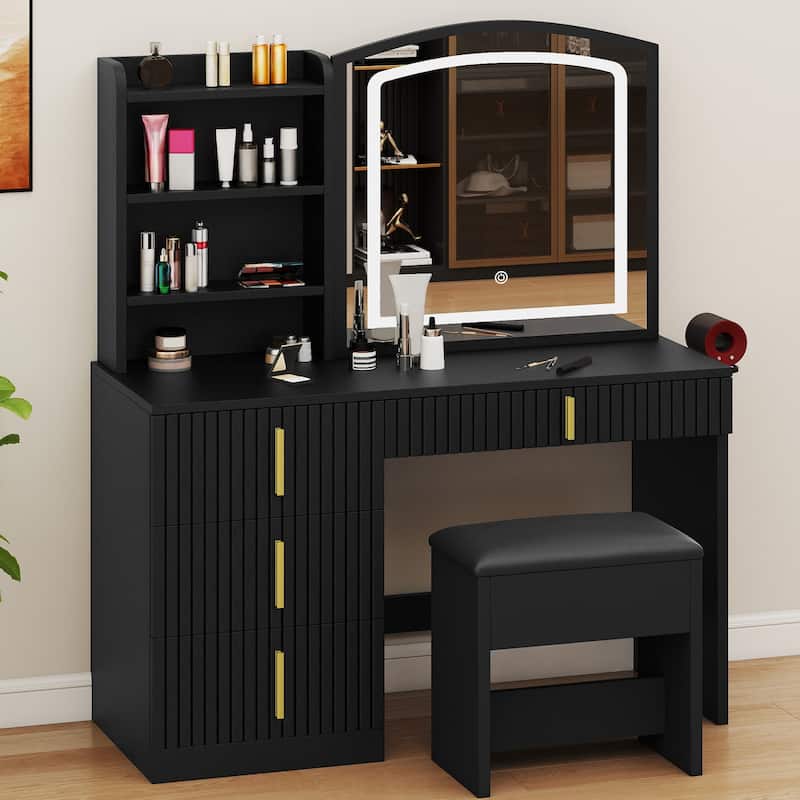 Moasis 39.5"W Makeup Vanity Desk with Mirror & Power Outlet, 4 Drawers Vanity Table Set with Hidden Storage and Storage Stool - Black