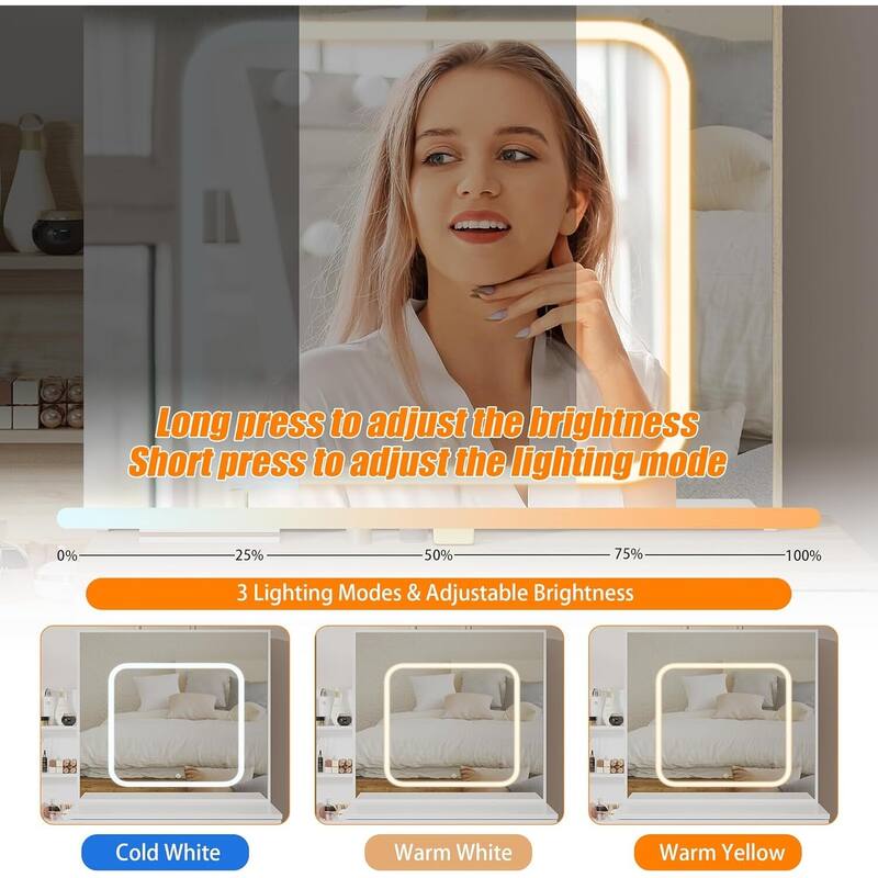 4 Drawers Dressing Table, Makeup Vanity Desk with 3 Color Adjustable Lights Mirror for Bedroom