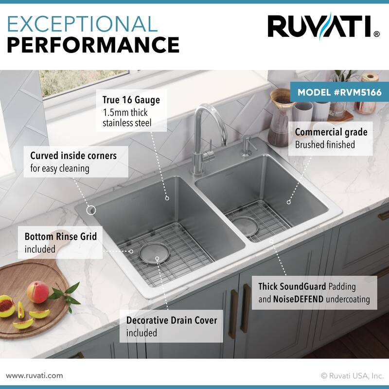 Ruvati 33 x 22 inch Drop-in Topmount Kitchen Sink 16 Gauge Stainless Steel 60/40 Double Bowl - RVM5166 - 8' x 11'