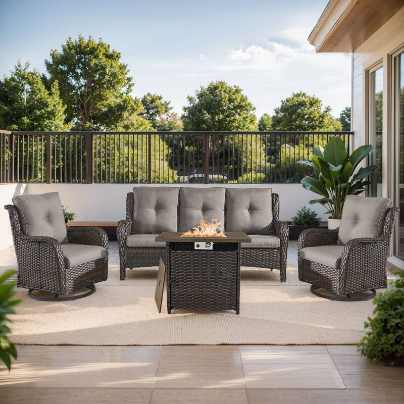 Gymojoy 4-Piece Outdoor Furniture Set, 2 Swivel Glider Chairs, 3-Seat Sofa & 55K BTU Fire Pit Table - Brown Wicker / Grey Cusion - 4-Piece
