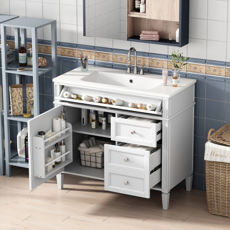 Modern Storage Cabinet Bathroom Vanity with Resin Sink, Tip-out Drawer, 2 Drawers, Side Door Organizer and Adjustable Shelf