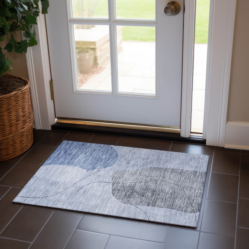 Machine Washable Indoor/ Outdoor Chantille Abstract Contemporary Rug - Blue - 1'8" x 2'6"