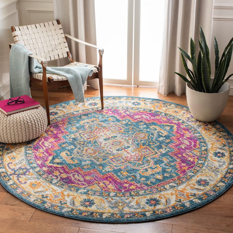 SAFAVIEH Madison Carma Boho Oriental Medallion Rug - 6'7" Round - Blue/Multi