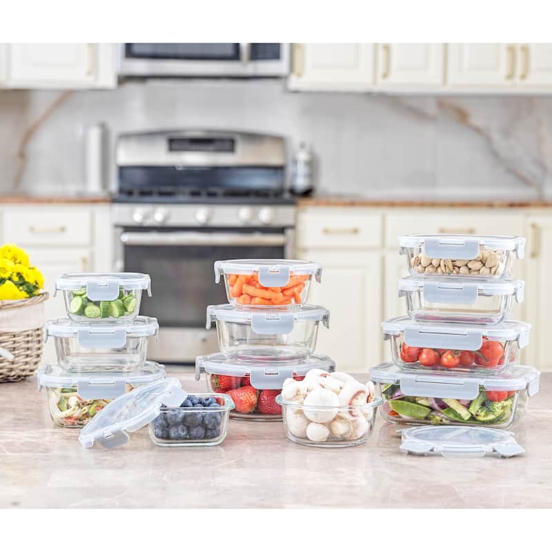 JoyFul 24 Piece Glass Food Storage Containers Set with Airtight Lids - Light Grey