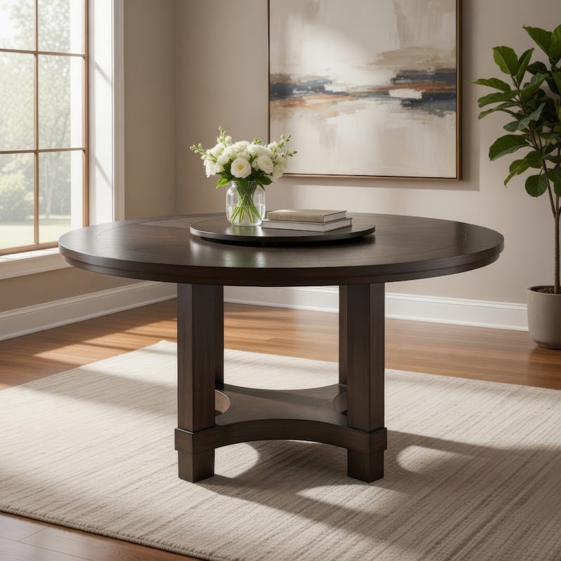 Jefy Dining Table, 60 Inch Round Top with Lazy Suzan, Espresso Brown Wood - Espresso Brown