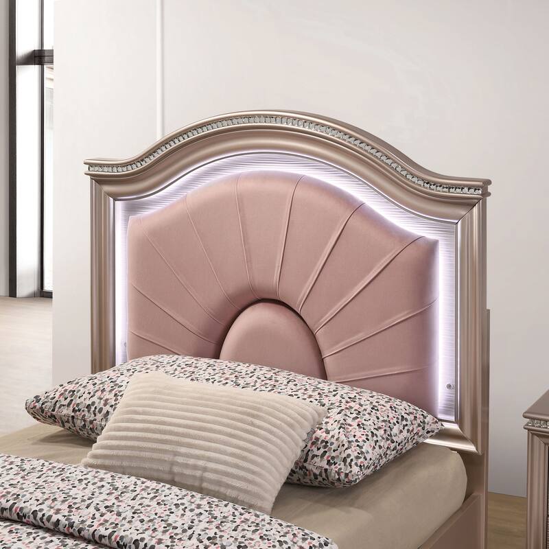 Ving Modern Rose Gold LED Light Upholstered Platform Bed by Furniture of America
