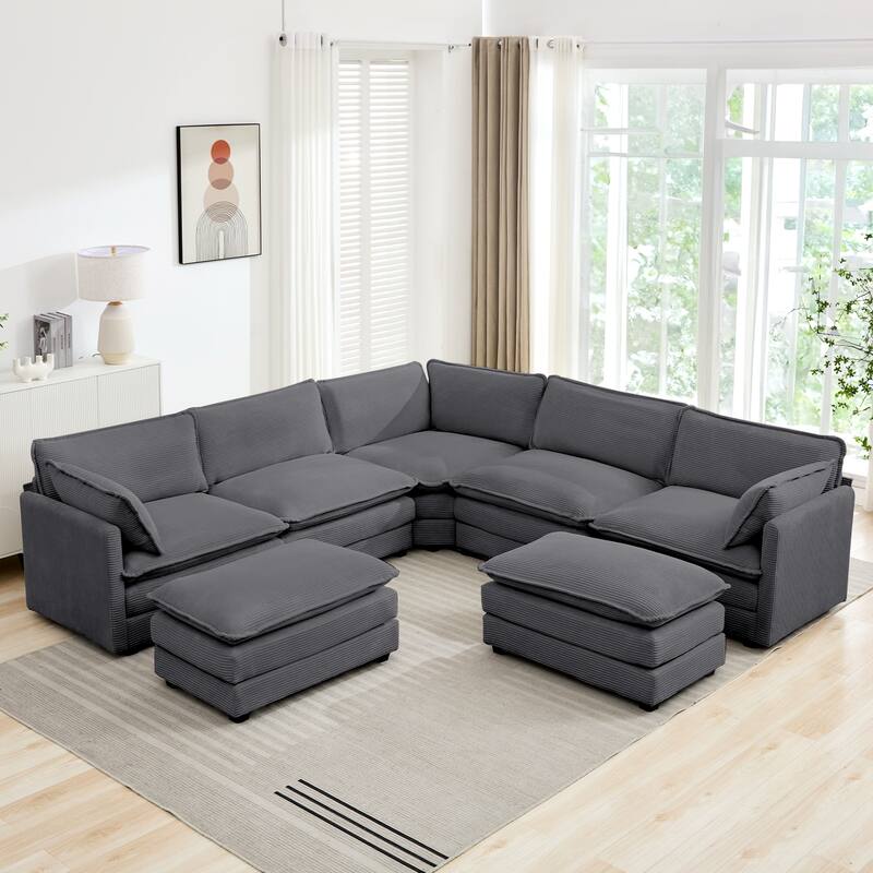 7-Seater Corduroy Sectional Sofa with 2 Removable Ottomans & Corner Seat, Soft & Comfortable - 5 Seats with 2 Ottoman