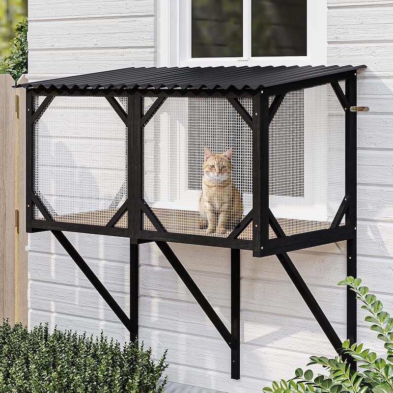 BOSSIN 47.2" All-Weather Window Cat Enclosure- Outdoor Window Perch for Large Cats, Sunbathing & Observation Platform - Black