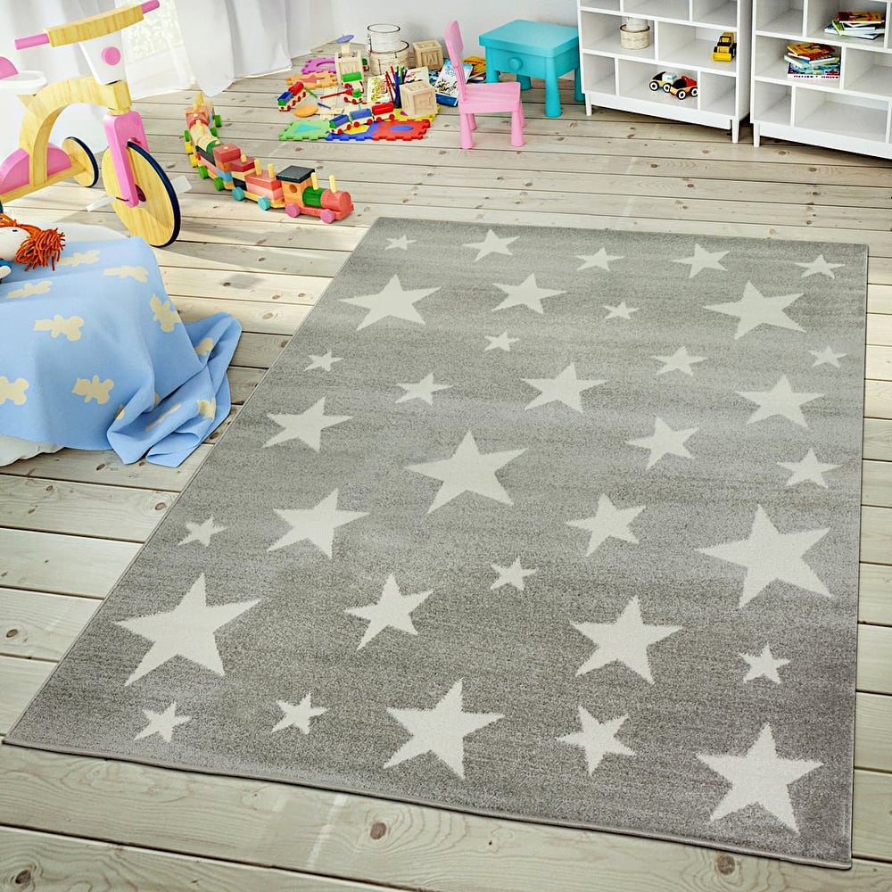 Kids Rug with Stars for Nursery Starry Sky in grey, pink and green