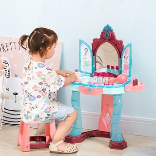 Qaba Self-Opening Mirror Design Kids Vanity Makeup Table Set with Chair and 31-Piece Collection, Imaginative Toy