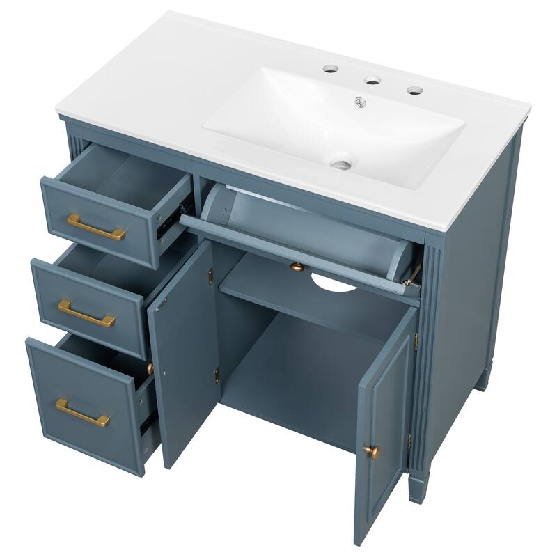 36" Bathroom Vanity with Sink, Ceramic Sink, One Tip-out Drawer, 3 Side Drawers, Adjustable Shelf