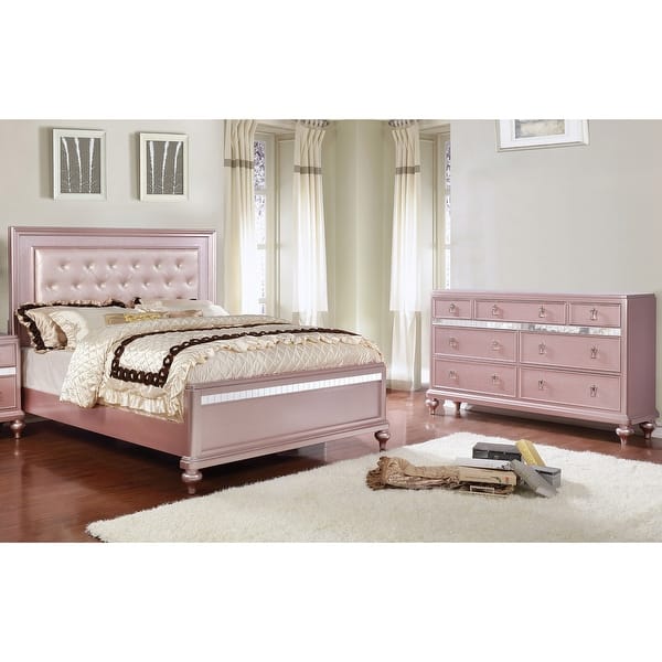 slide 2 of 8, Furniture of America Dzhebel Modern 2-Piece Rose Gold Faux Leather Tufted Headboard Kids Panel Bed and Dresser Set Queen