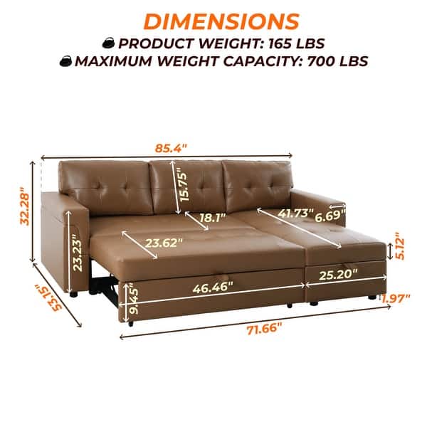 dimension image slide 3 of 4, Reversible Sectional Sleeper Sofa with Storage Chaise & Pull-Out Bed