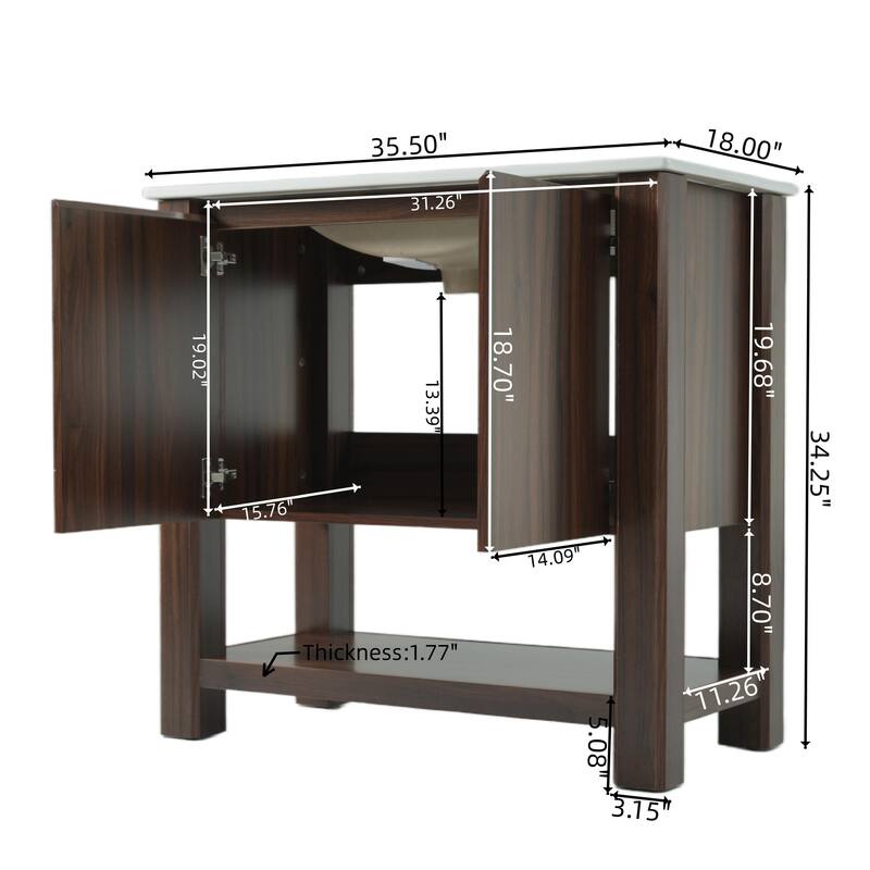 36" Bathroom Vanity with Large Cabinet, Soft-Close Doors, 45-Degree Free Handle Design & Open Bottom Shelf