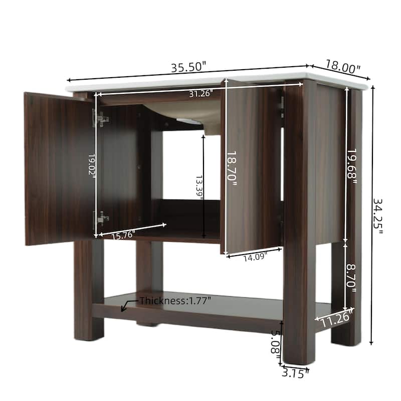 Bathroom Vanity with Ceramic Sink, Bathroom Cabinet with Soft-Closing Doors, Freestanding Cabinet with Open Shelf