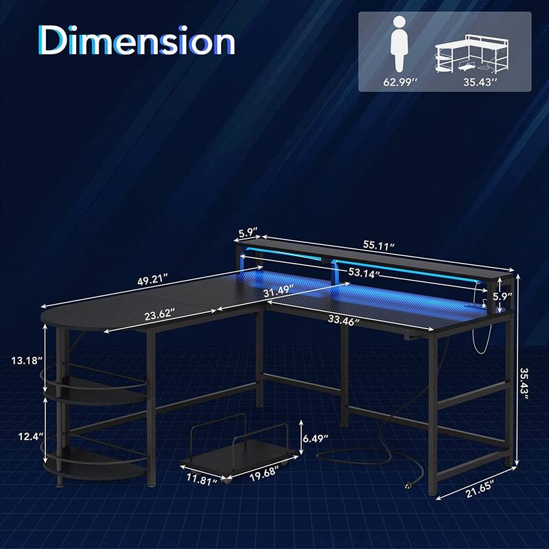 L Shaped Gaming Desk with LED Strip & Power Outlets, 55 Inch Computer
