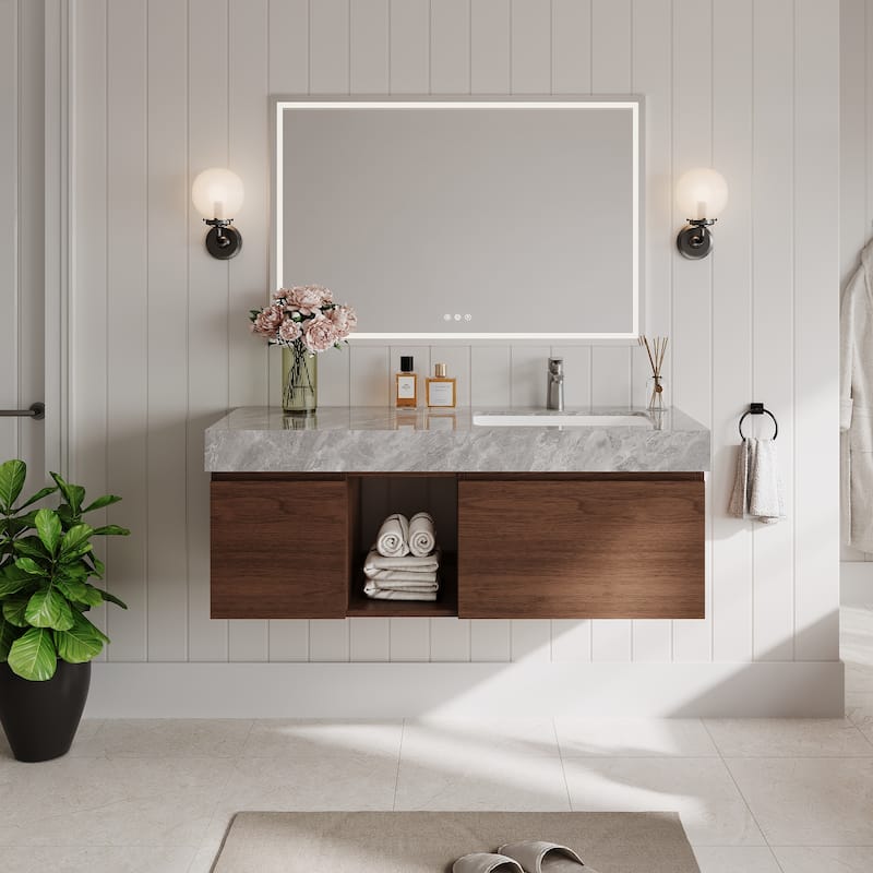 48" Mid Century Single Bathroom faux marble Vanity with Top, Solid Wood, Floating Vanities for Bathroom - 47.6" x 19.6"