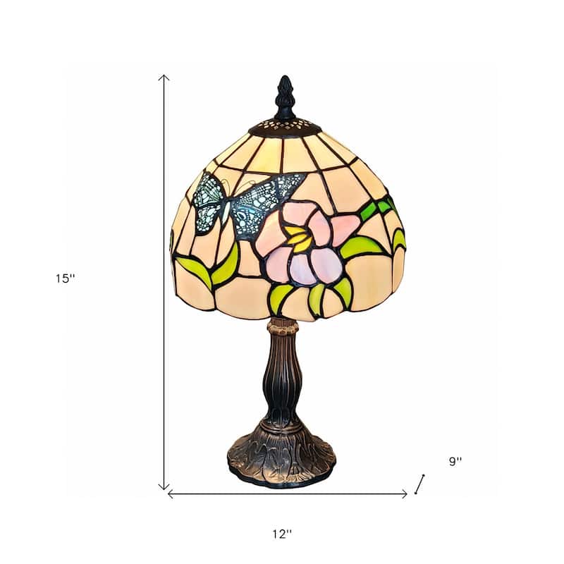 HomeRoots 15" Tiffany Style Stained Glass Blue Butterfly Table Lamp - 12