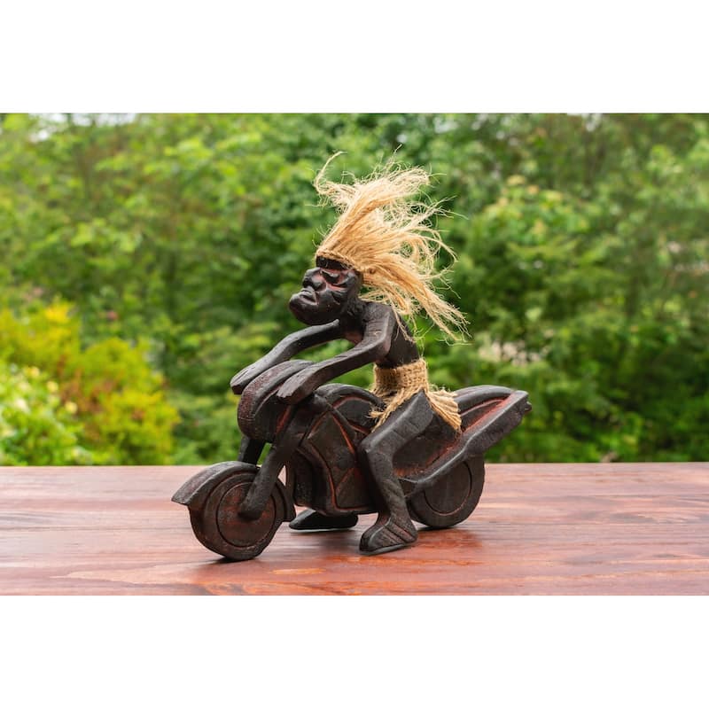 Handmade Wooden Primitive Tribal Funny Riding Motorsport Biker Statue Motorcycle Sculpture Tiki Bar Unique Gift Wood Home