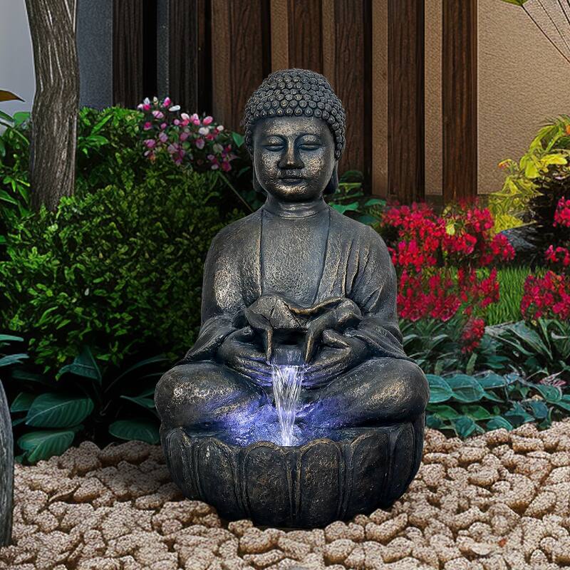 Buddha Fountain w/Light 28.3in Buddha Statue Water Fountain for Garden - Stone - Floor - Grey
