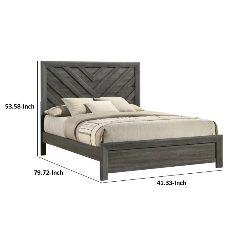 Velz Twin Size Bed w Chevron Patterned Headboard, Dark Gray Wood