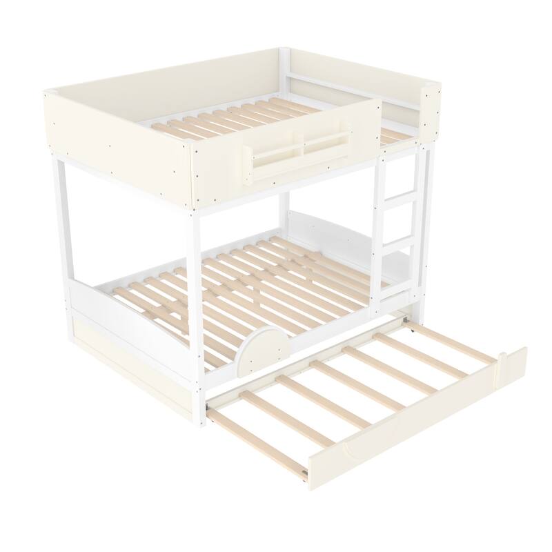 Full Bunk Bed with Trundle, Wood Bunk Bed Frame with Built-in Bookshelf and High-quality Safety Guardrail