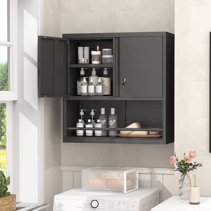 2 Doors Metal Storage Cabinet Kitchen Pantry Cabinet With Adjustable Shelves Tall Steel Cabinet Locker - Black