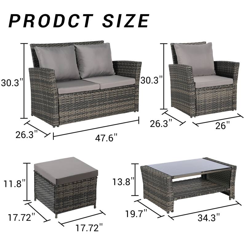 6-Piece Outdoor Patio Rattan Conversation Sofa Set with Tempered Glass Coffee Table