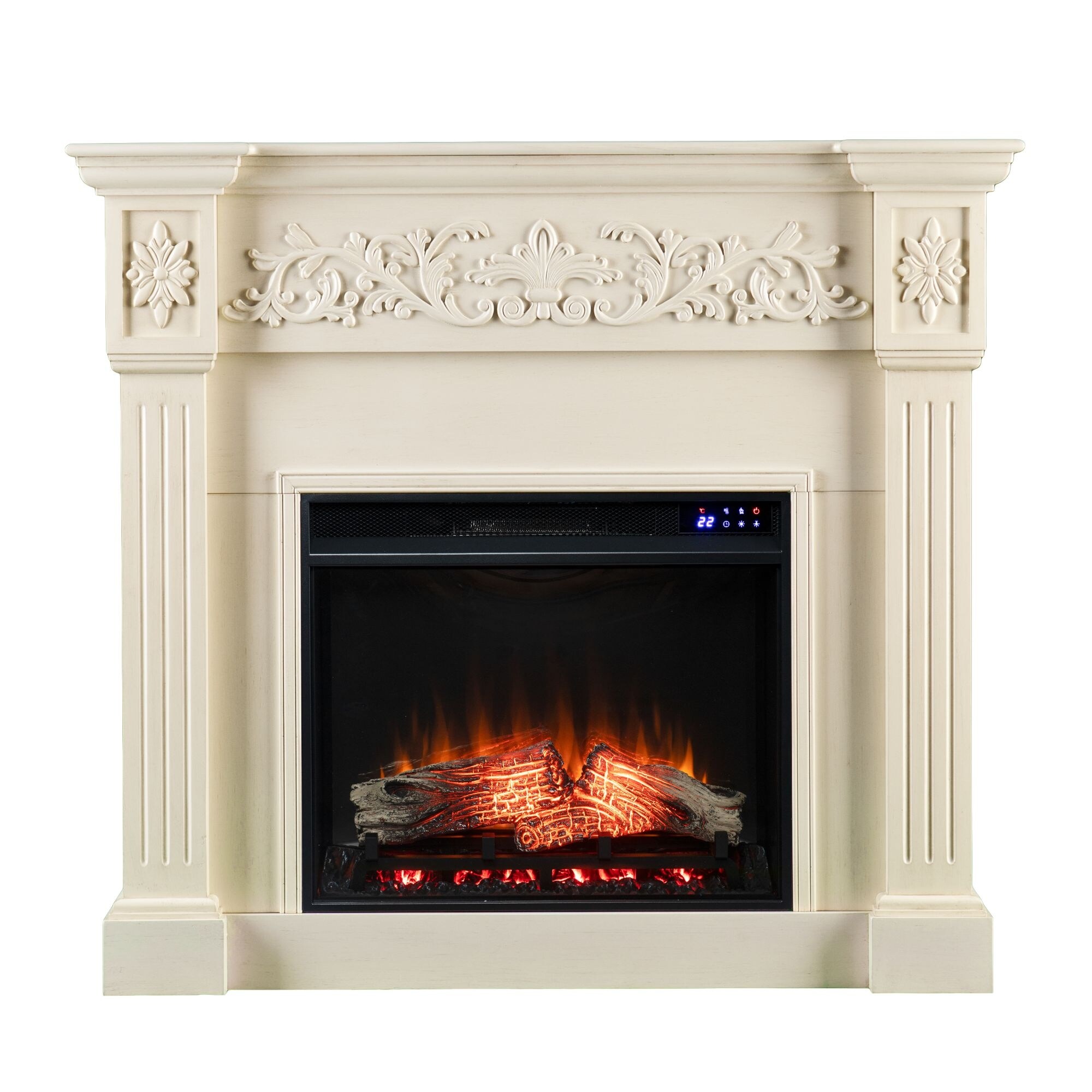 Southern Enterprises 44.5 inch Ivory and Black Classic Style Electric Fireplace with Carved Mantel