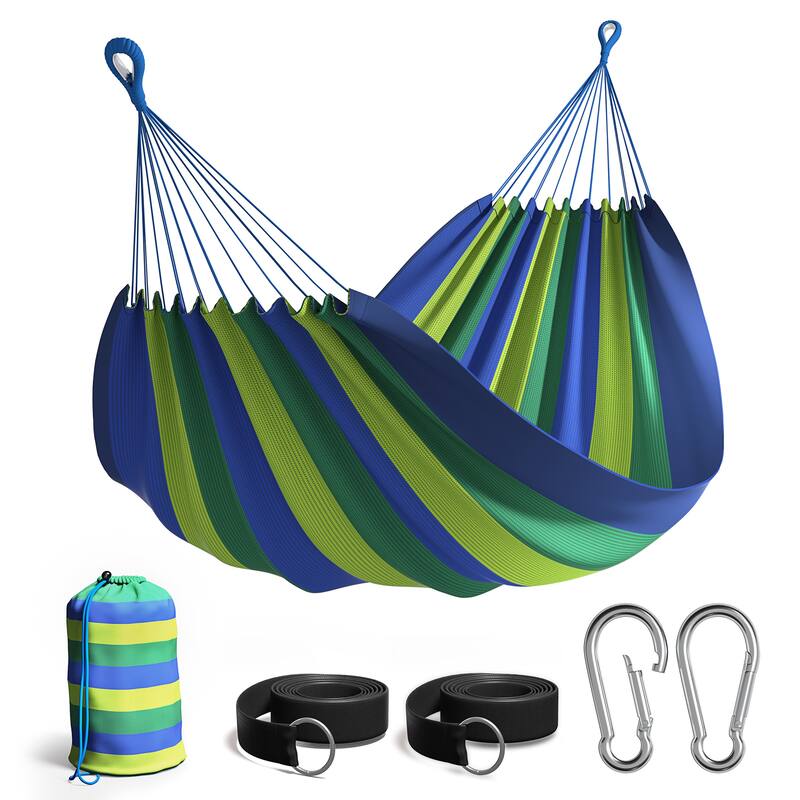 Brazilian Double Hammock for Indoor or Outdoor Spaces - Hanging Rope, Carrying Pouch Included - Blue/Green/Light Green Stripes