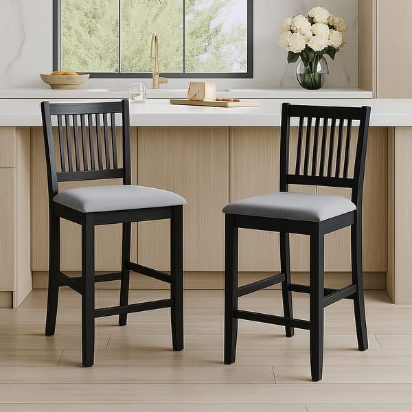 slide 2 of 22, Farmhouse 24.8" Counter Height Chairs Slat Back Padded Wood Bar Stools - 21L×18W×35H Set of 2 - Black