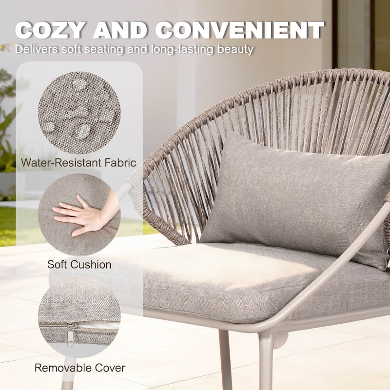 3PCS Metal and PE Wicker Patio Bistro Set with Zippered Cushions, Wood-Grain Tabletop