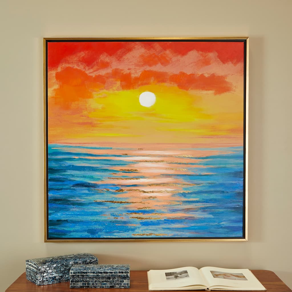 Multi Colored Canvas Handmade Ocean Sunset Landscape Framed Wall Art with Gold Frame - Multi-Color