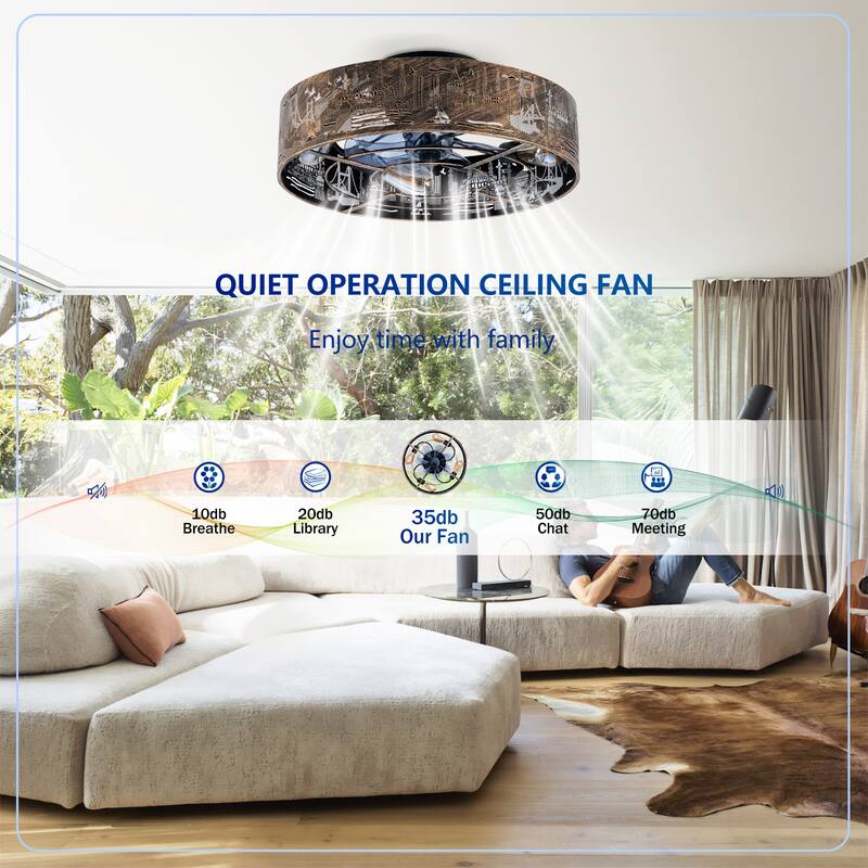 20 inch Flush Mount Ceiling Fan Light with Remote Caged Farmhouse Fandelier Black Wood Low Profile
